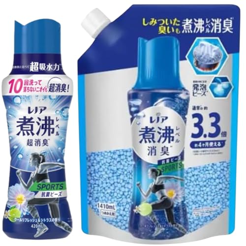 【大容量】レノア SPORTS 抗菌ビーズ クールリフレッシュ&シトラス 超消臭 本体420mL+詰め替え1410mL 煮沸レベル消臭 詰め替え 4か月使える 発砲ビーズ まとめ買い (本体420ml+詰替1410ml)