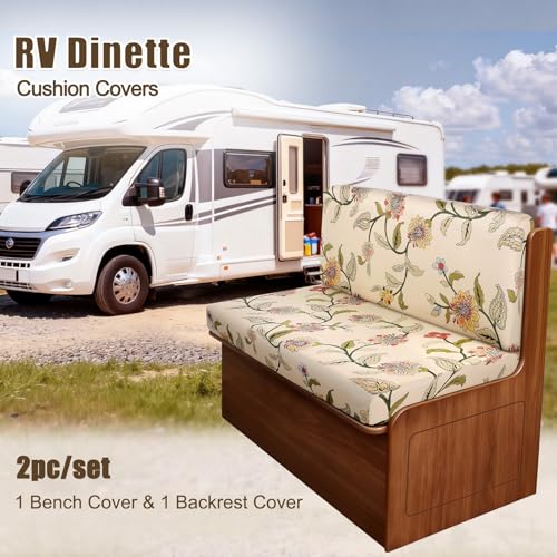 Image of SearchI RV Dinette Cushion Covers, Stretch Camper Cushion Slipcovers for Travel Trailer Couch RV Booth Seat, Replacement Camper Sofa Chair Protector (1 Backrest Cover & 1 Bench Cover, Yellow+Flower)