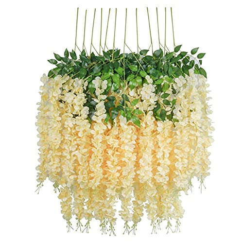 Image of Artificial Hanging Wisteria Flower Vine, Pack of 6, Off White