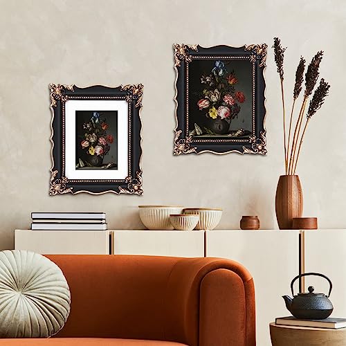 Image of Saysmile 8x10 Vintage Picture Frame with Embossed Flower Design, Black Ornate Frame for 8x10 or 5x7 Pictures with White Mat, Hand-Crafted Resin Antique Frames for Tabletop & Wall Hanging, Home Decor (Black)