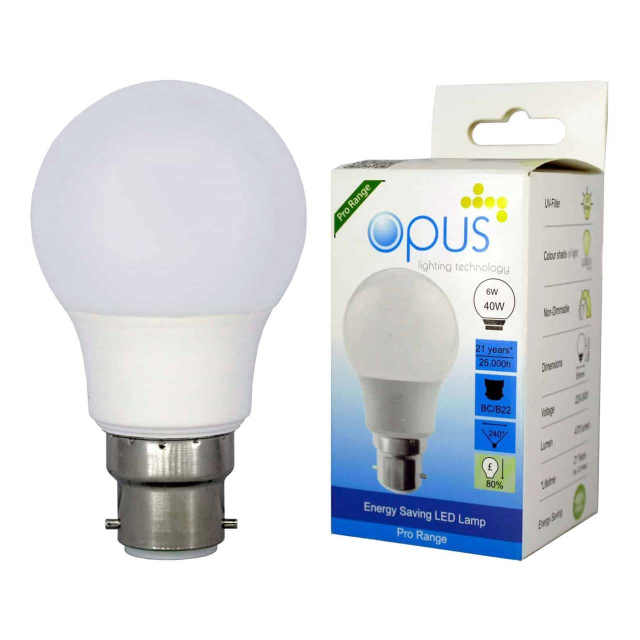 3 x Opus 6W = 40W LED GLS Bc B22 Bayonet Cap Light Bulbs Daylight Energy Saving Lamps Pack