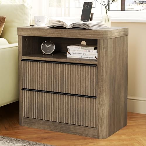 Image of Night Stand, Nightstands with Drawer Storage Bedside Table Large Modern nightstand with USB Port and Outlet, mid Century nightstand for Bedroom,Sofa Table(Grey Alder)