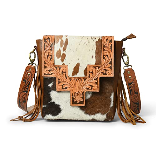 ADYAN Western Genuine Leather Floral Tooled Fringe Womens Crossbody Bag - Leather Cross Body Western Bag with Leather Strap for Women