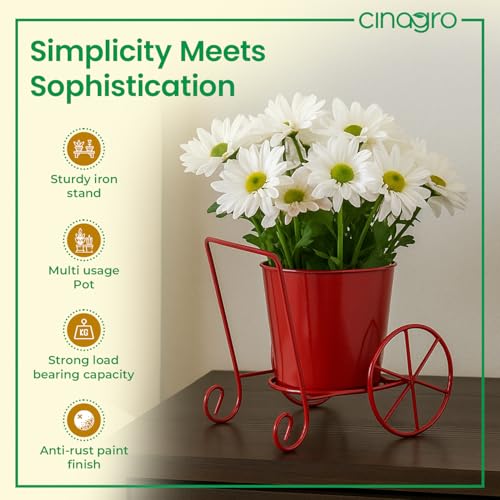 Image of CINAGRO Metal Wagon Planter, Red Pram Rickshaw-Shaped Metal Plant Stand for Indoor & Outdoor Use, 2 Wheel Pot Stand, Flower Vase, Decorative Iron Pot Holder for Flowers & Ornaments, 27 x 13 x 21 cm