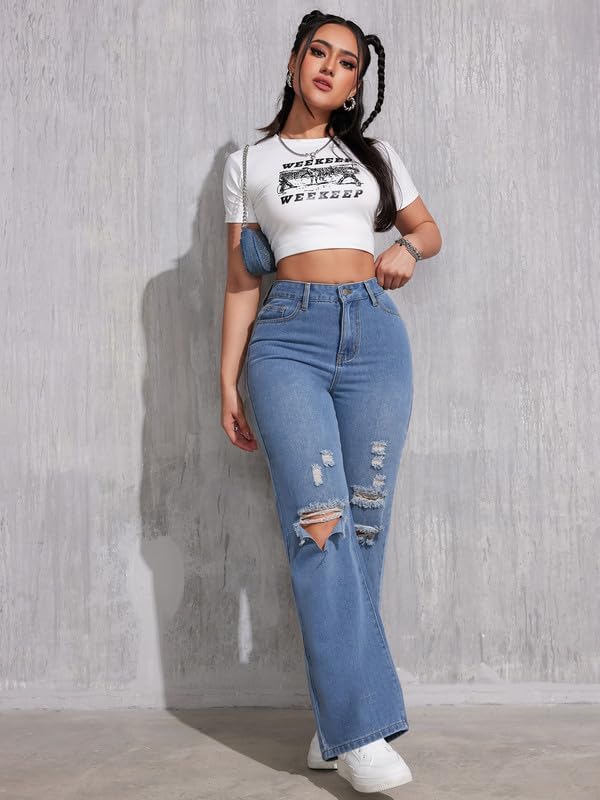 Women's Mid Waist Straight Leg Jeans Ripped Wide Leg Boyfriend Jean Summer Casual Denim Pants4