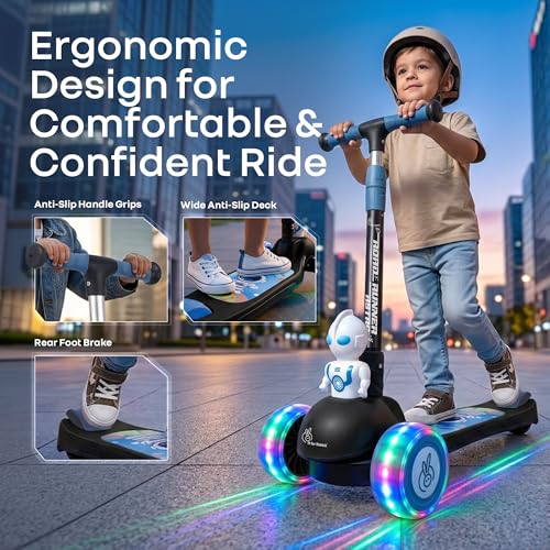 Image of R for Rabbit Road Runner Astro Kids Scooter, Multi Level Adjustable Height, Smart Fold & PU LED Wheels Kick Scooter with Brake for 3+ Years Kids, Weight Capacity Upto 75kgs (Black)