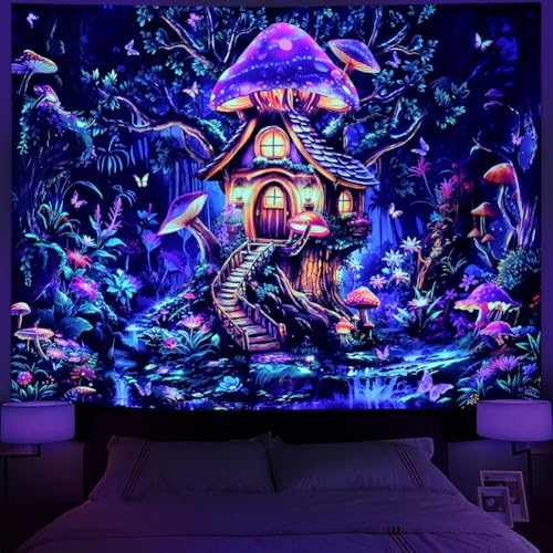 Serborlur Blacklight Forest Mushroom Tapestry UV Reactive Magical Tree of Life Tapestries Neon Floral Plants Wall Art Fantasy Fairy Landscape Backdrop Wall Hanging for Bedroom Living Room Decor