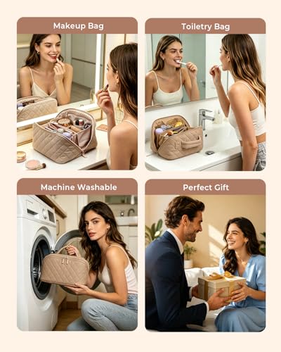 Image of Batfield Makeup Pouch Bag for Women, 2Pcs Waterproof Puffer Set with 180 Flat Open, Travel Large Capacity Makeup Bag for Women with Brush Compartment & Handle for Vacation, Business Trip (Khaki)