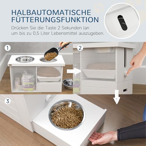 PawHut 2-in-1 Erhöhter Hundenapf Höhenverstellbar Futternapf mit Ständer Stauraum 2 x 2L Edelstahlnäpfen Langsamfuttermatte Fressnapf Futterstation Hundenäpfe für Große Hunde Katzen Weiß