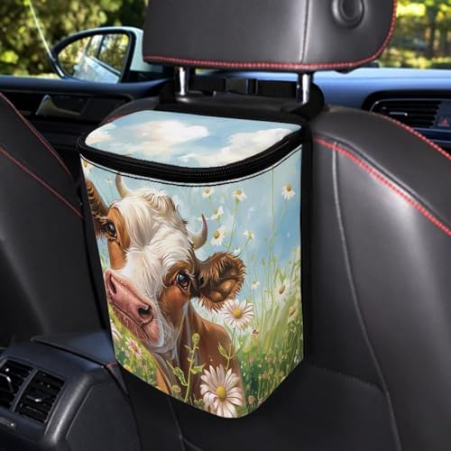Image of Talayituse Daisy Cow Print Car Trash Can with Adjustable Straps, Foldable Car Trash Bag Bin Car Garbage Bag Multipurpose Storage Box for Vehicle Travel Camping Picnicing