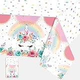 Diseño único: mantel de unicornio Domgoge, con un fondo blanco, adopta patrones de elementos de unicornio, como pestañas, cuernos, arco iris, flores, estrellas, decoración perfecta para fiestas temáticas de unicornio, lo que hace que tu fiesta sea más atractiva y llamativa.