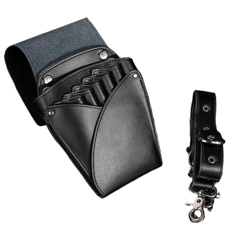 Borsa Parrucchiere Borsa for forbici da parrucchiere in pelle bovina con 5 tasche, borsa barbiere, marsupio, for toelettatura di animali domestici, professionali(Noir)