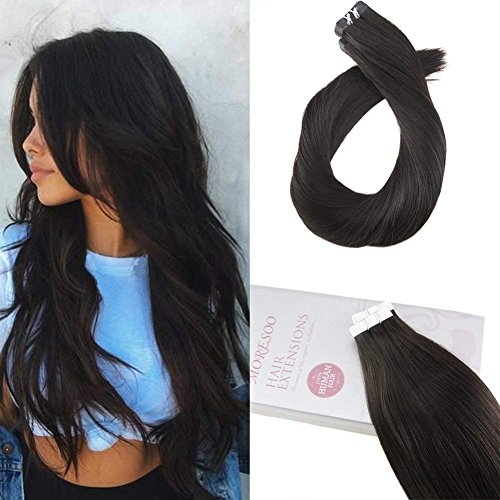 Moresoo 22 Inch Tape in Hair Extensions Remy Hair Color Off Black 1B 50g 20pcs Per Package Straight Unprocessed Remy Human Hair Seamless Skin Weft Glue on Hair Extensions