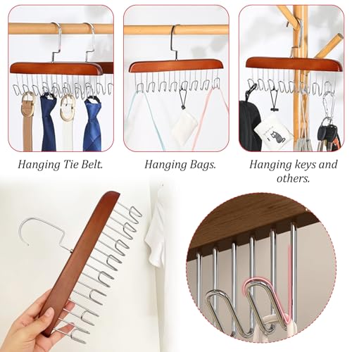 iTYOOS 2 Pieces Belt Hanger for Wardrobe Wooden Belt Hanger for Closet Anti Slip Multi Hook Coat Rack Sturdy Wooden Belt Holder Anti Slip Multi Hook Coat Rack Bra Hanger with 8 Hooks Reddish brown - Image 4
