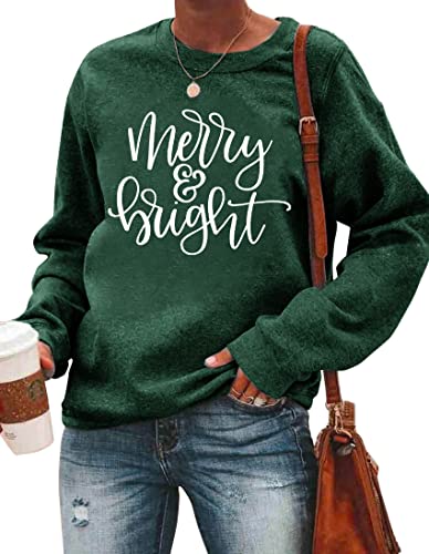 Image of Christmas Sweatshirt Women Merry and Bright Christmas T-Shirt Funny Xmas Lights Blouse Tops Holiday Shirts
