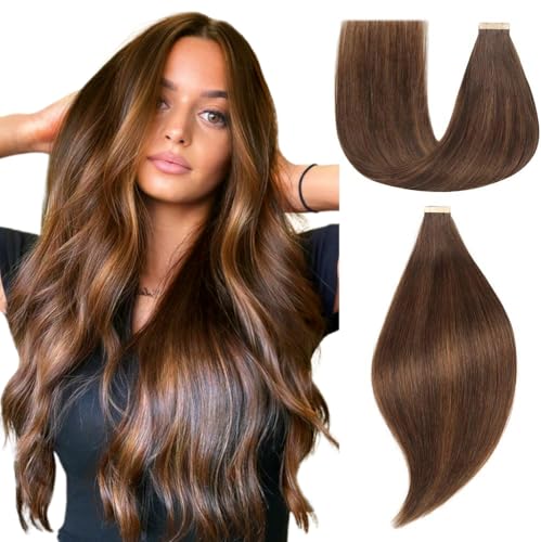 Einbeauty Extensiones Pelo Natural 60cm 50g Castaño Oscuro con Castaño - Adhesivas 20pcs - Cabello Humano (24 Pulgadas, 2/2/6#)