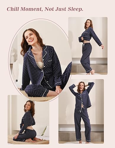 Image of NAP BOUND 100% Cotton Pajamas for Women 2 Piece PJs Set Long Sleeve Button Down Breathable Woven Sleepwear Loungewear XS-XXL