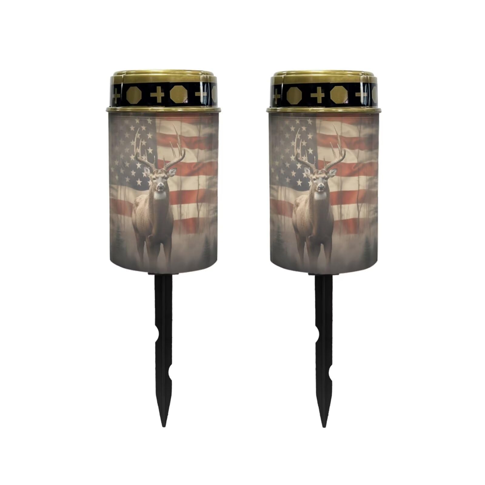 Poceacles Solar Lights Cemetery Solar Lights for Grave Solar Candle Solar Lantern Light Walkway Lights Waterproof Landscape Lighting for Loss of Loved One, Deer American Flag, Pack of 2