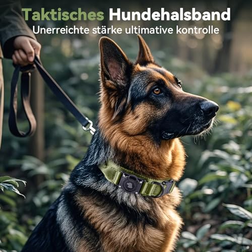 JIARUI Taktisches Hundehalsband mit Griff, Wasserdichter Airtag Hundehalsband, Dickes Verstellbares Halsband Hund mit Gepolstert, Metallschnalle für Mittlere Große Hunde (Grün,M(15'-18.5'))
