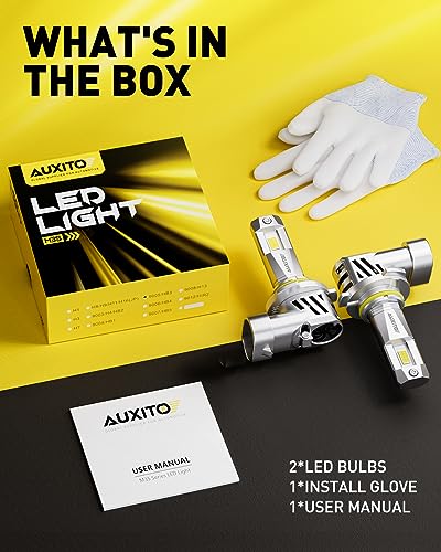 Image of AUXITO 9005 HB3 Light Bulbs, 6500K Cool White, 50000 Lumens Per Set, 900% Brighter than Halogen, 50000 Hours Lifespan, Pack of 2