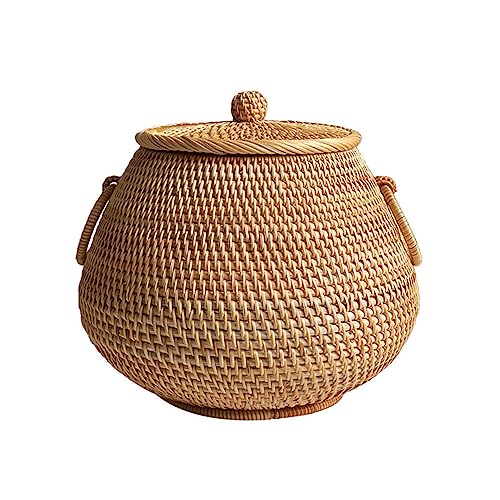 Rattan Round Storage Basket with Lid - Organizer Bin, Hand Woven Natural Wicker Pot Caddy for Coffee, Candy, Tea, Snacks