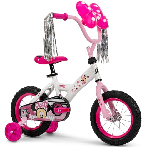 Huffy Disney Minnie 12 Sparkly Snow Girls Bike Ideal for Ages 3-5 Years Old Removable Training Wheels Playful Design Sturdy and Durable Bow Case Shimmering Streamers Adjustable Comfort