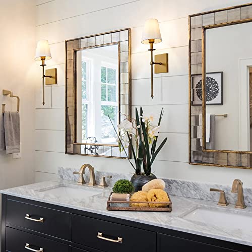 Image of Modern Antique Brass Hardwired Wall Sconces Set of 2 Slim with White Fabric Shade,Wall Lighting for Bathroom Vanity Mirror Living Room Dining Entryway Fireplace Mantel Theater Room Bedside