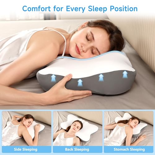 Image of Cervical Neck Pillow with 2 Heights (5.31 /3.54 in), Queen Size Bed Pillow with Cooling Pillowcase, Contoured Memory Foam Pillow for Side, Back & Stomach Sleepers, Ergonomic Pillow for Neck Pain Relief