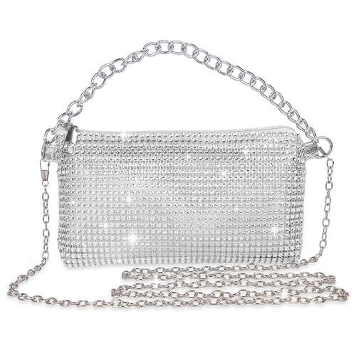 Women Crossbody Bag Rhinestone Bling Evening Clutch Bag,Ladies Handbag Glitter Messenger Bag Sparkly Rhinestone Purses,Women's Bling Shoulder Bags for Banquet Wedding Party,Silvery