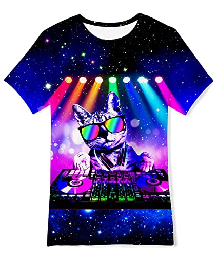 Fanient Camiseta para Niños Camiseta con Estampado de Gato 3D DJ Camiseta de Manga Corta de Verano para Niños de 9 a 12 Años M