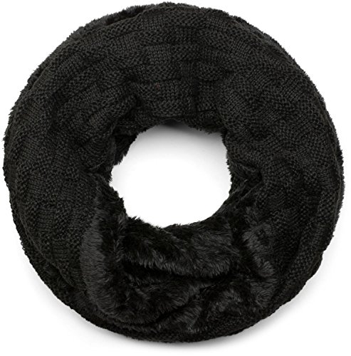 styleBREAKER warmer Feinstrick Loop Schal mit Flecht Muster und sehr weichem Fleece Innenfutter, Schlauchschal, Unisex 01018150, Farbe:Schwarz