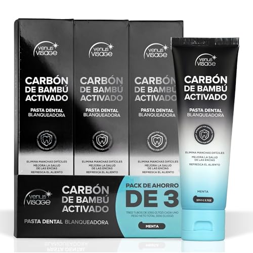 Venus Visage Pasta de Dientes Carbón Activado – Pasta de Dientes Blanqueante Sabor Menta - Dentífrico Blanqueador Dental [Pack de 3]