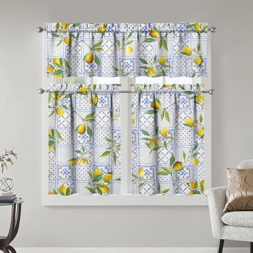 Image of Lemon Kitchen Curtains 3 Piece Set Tier Valance Window Decor