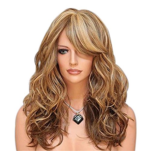 BERON 24" Women Girls Sexy Long Curly Blonde Wig with Bangs Heat Resistant Fiber Anime Costume Cosplay Party Daily Wig with Wig Cap