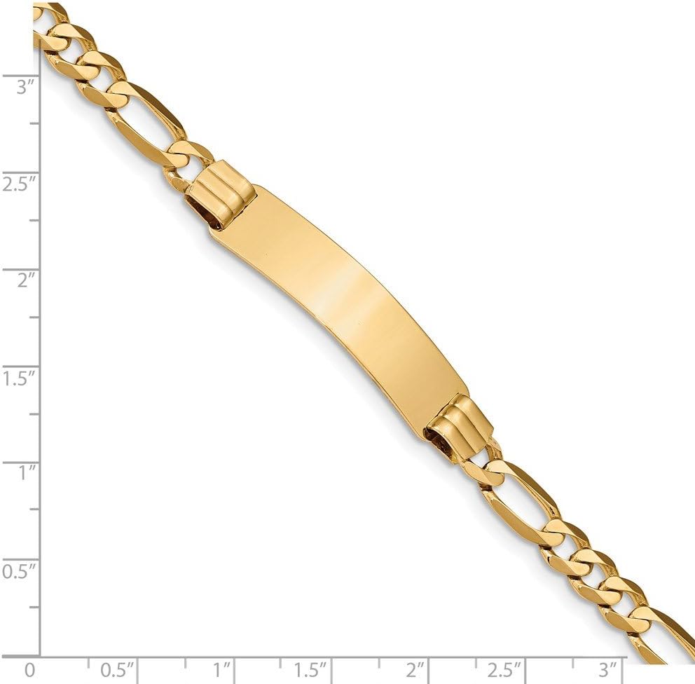 Solid 14k Yellow Gold Flat Figaro Link ID Bracelet Engravable Identification Name Bar Tag - with Secure Lobster Lock Clasp 7" (Width = 9mm)
