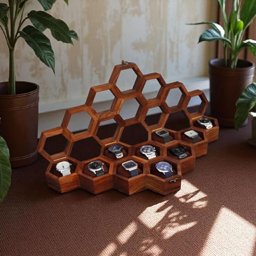 Image of Vintage Wooden Watch Box for Men, Timepiece Display Case, Honeycomb Watch Storage & Organizer, Jewlery Box for Women, Anniversary Gift For Husband (10 Compartments (Other Design))