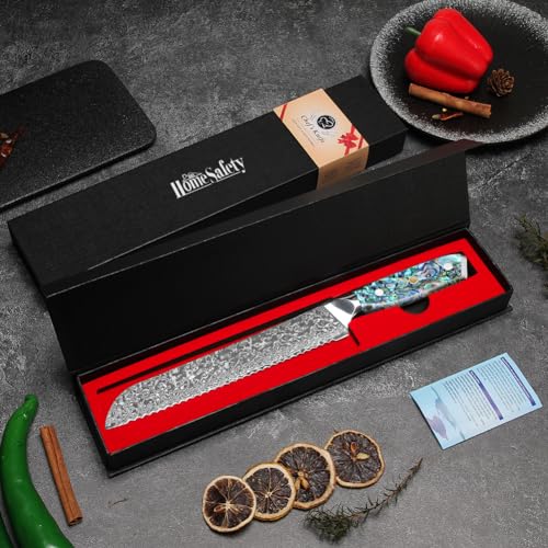 Home Safety Damascus Bread Knife, Serrated Knife 20cm Made of VG-10 Damascus Steel, Professional Kitchen Knifes with Ergonomic Abalone Shell Handle, for Home Restaurant, Gift Box - Image 9