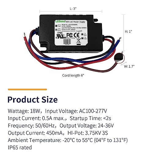 Image of LEDONE LED Driver 450ma(Constant Current Output), 18W Waterproof IP65 LED Power Supply Lighting Transformer 100V-270Vac to 24-36Vdc Low Voltage Output for Outdoor or Indoor LED Lights