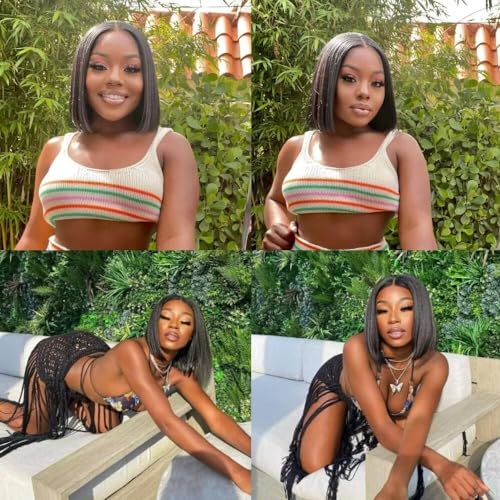 U Part Bob Wig for Women Human Hair Half Wig Easy to Wear For Daily Wear Vacation Ready Natural Black Color Protect Hairline with Scalp 150% Density 10 Inch - Image 4