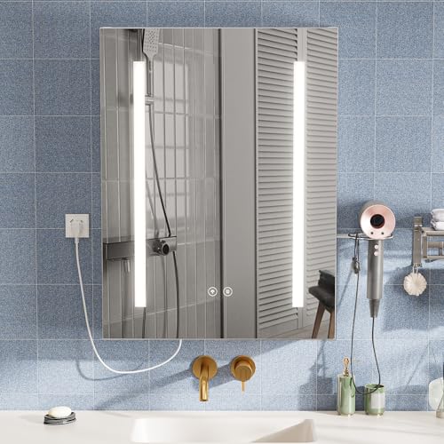 Saitedudu Badezimmer Spiegelschrank mit Beleuchtung, 60x80cm LED-Badezimmerschrank mit 3 einstellbaren Lichtfarben | Steckdosen | Touch-Schalter | Beschlagschutz