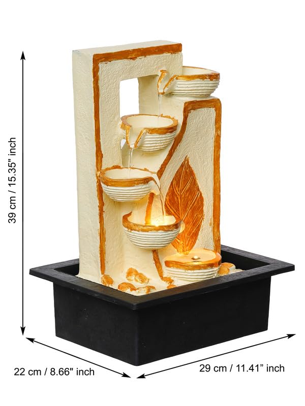 Image of Polyresin Table Top 4 Diya Steps & Golden Colour Leaf Design Indoor Waterfall Fountain for Home Decor with LED Lights & Speed Controller Pump (Size: 40 x 29.5 x 22CM | Weight: 2250grm)