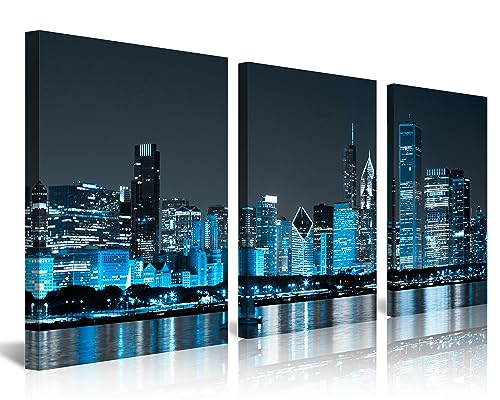 NAN Wind Modern Office Decor Chicago Skyline Canvas Art Chicago City Center Skyline Canvas Prints Cityscape Wall Decorations Blue Wall Decor for Living Room Pictures for Bedroom Decorations
