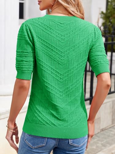 Image of Womens Puff Short Sleeve Sweater Summer Crew Neck Ribbed Knit Pullover Tops
