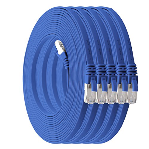 1aTTack.de 0.5m - blau - 5 Stück CAT.7 Ethernet Gigabit Lan Netzwerkkabel (SET) 10Gbit/s - Flachbandkabel - Verlegekabel CAT5 CAT6 kompatibel Flachband Flachkabel Patchkabel Lankabel