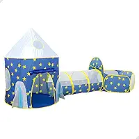 Barraca Infantil 3 em 1 com Toca Foguete, Túnel e Piscina com Cesta de Basquete | Cabana Infantil Meninas e Meninos para Diversão e Aventura em Casa ou Jardim (Azul)