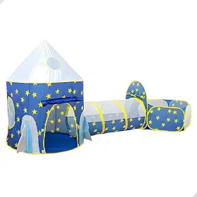 Barraca Infantil 3 em 1 com Toca Foguete, Túnel e Piscina com Cesta de Basquete | Cabana Infantil Meninas e Meninos para Diversão e Aventura em Casa ou Jardim (Azul)