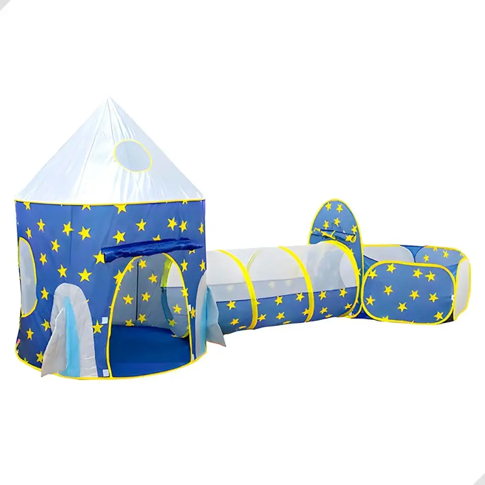 Barraca Infantil 3 em 1 com Toca Foguete, Túnel e Piscina com Cesta de Basquete | Cabana Infantil Meninas e Meninos para Diversão e Aventura em Casa ou Jardim (Azul)