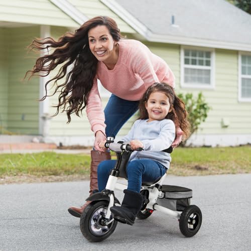 Costzon Tricycle, 5 in 1 Toddler Bike w/Foldable Push Handle, Rotatable Seat, EVA Wheel, Adjustable Canopy, Storage Basket & Bell, Trike for Kids 1-5 Years Old (Gray)