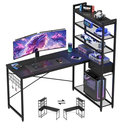 Pinmoco ゲーミングデスク l字デスク 幅144cm 机 pcデスク ラック&引き出し付き ゲームデスク 左右入れ替え可能 gaming desk 学習机 カーボン調 ブラック
