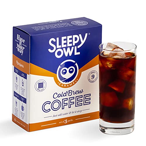 Image of Sleepy Owl Coffee Caramel Cold Brew Packs | Set of 3 Packs - Makes 9 Cups | 3 Step Brew - No Equipment Required | Cold Brew Coffee | 100% Arabica Beans